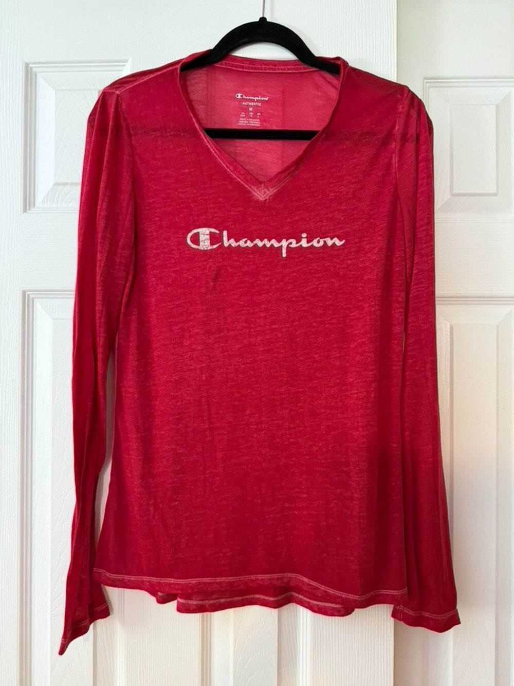 Champion Red Sheer V-Neck Long Sleeve Logo Top Size M